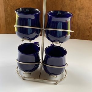 Set of 4 blue cups and stand